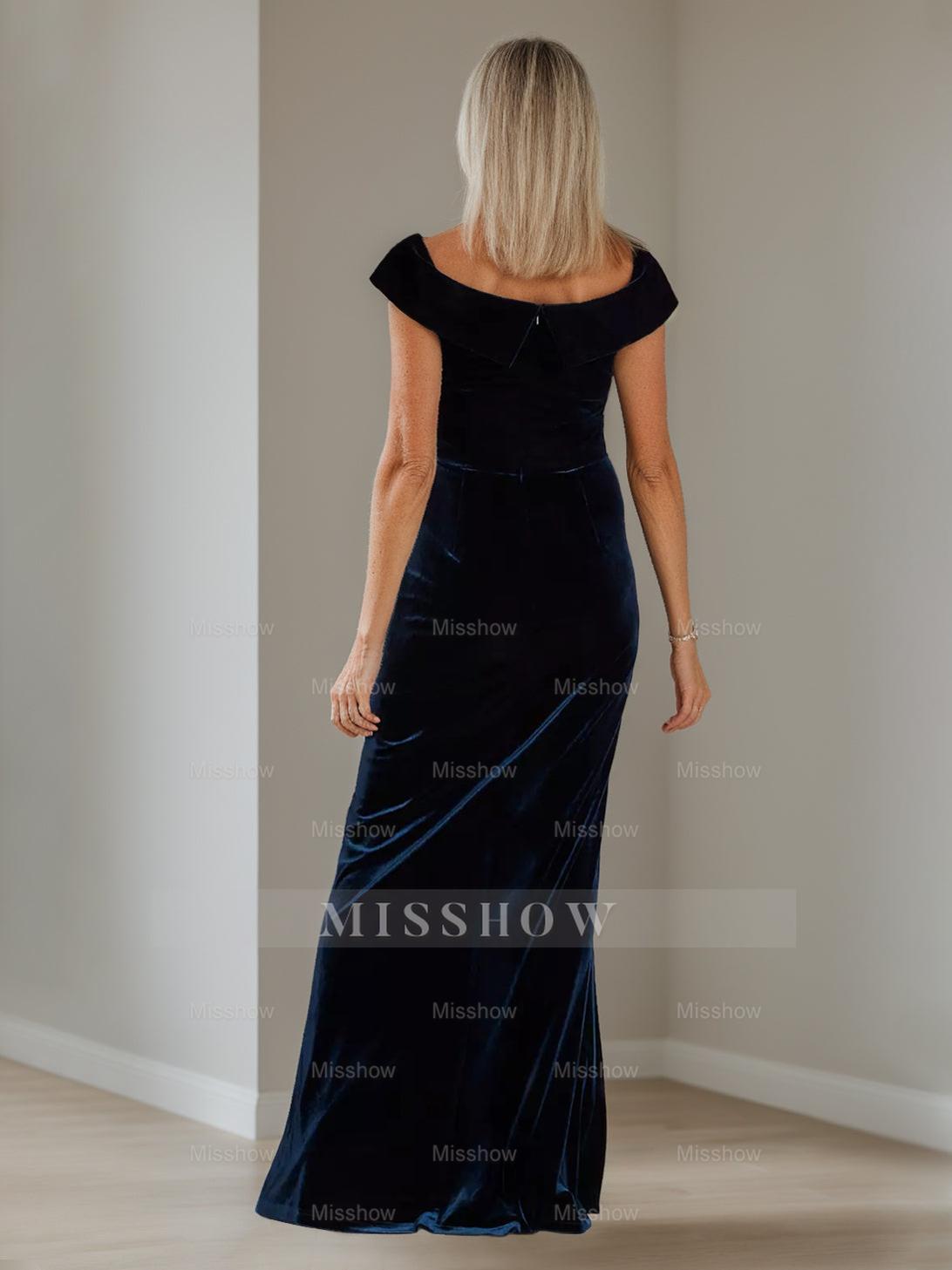 V-Neck A-Line Princess Floor-Length Velvet Mother of the Bride Dress with Side Split and Short Sleeves