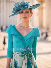 V-Neck A-Line Princess Floral Ankle-Length Dress for the Mother of the Bride with 3/4 Sleeves