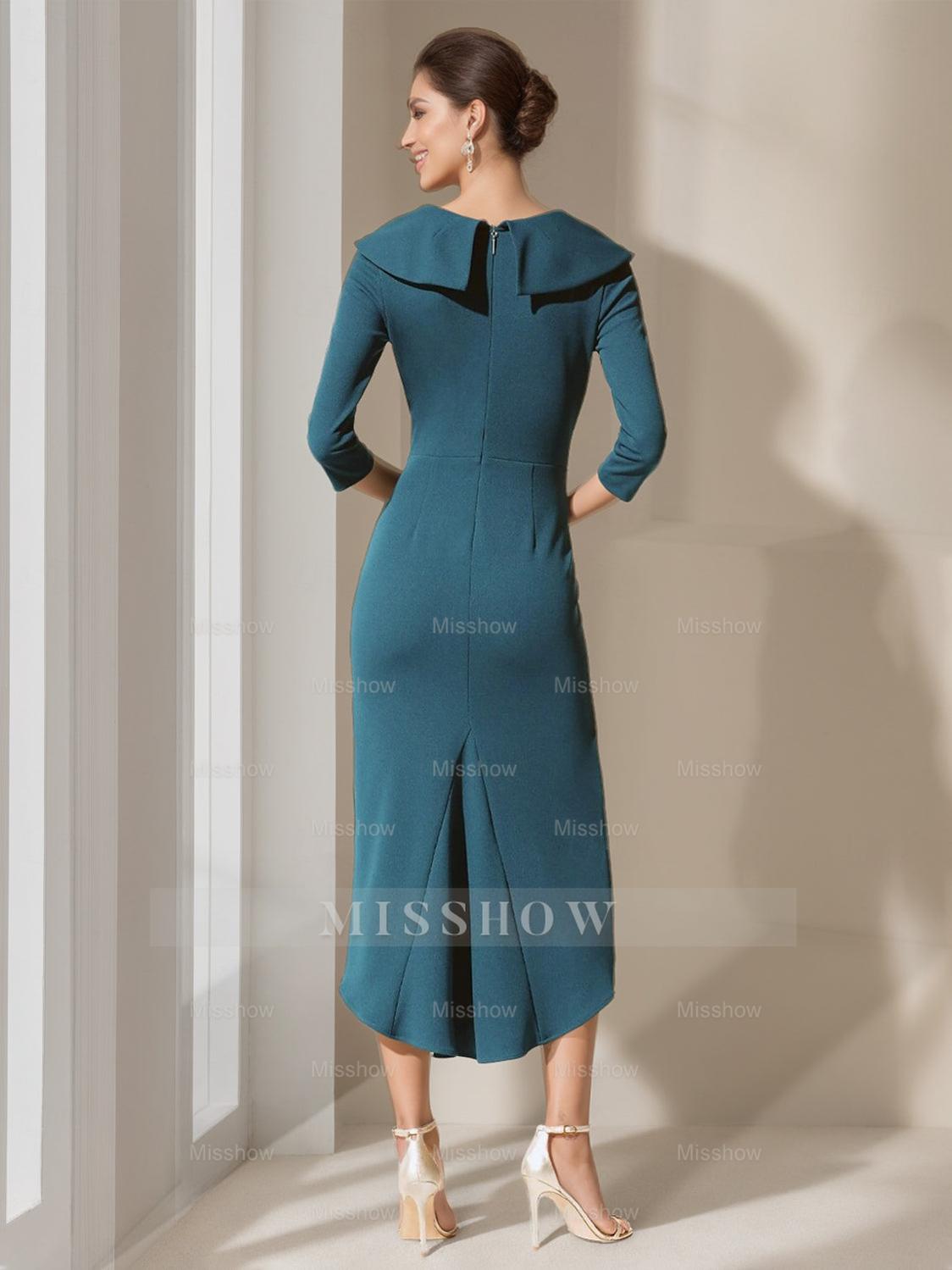 V-Neck A-Line Princess Gown with 3/4 Sleeves and Asymmetrical Ruffle for the Mother of the Bride