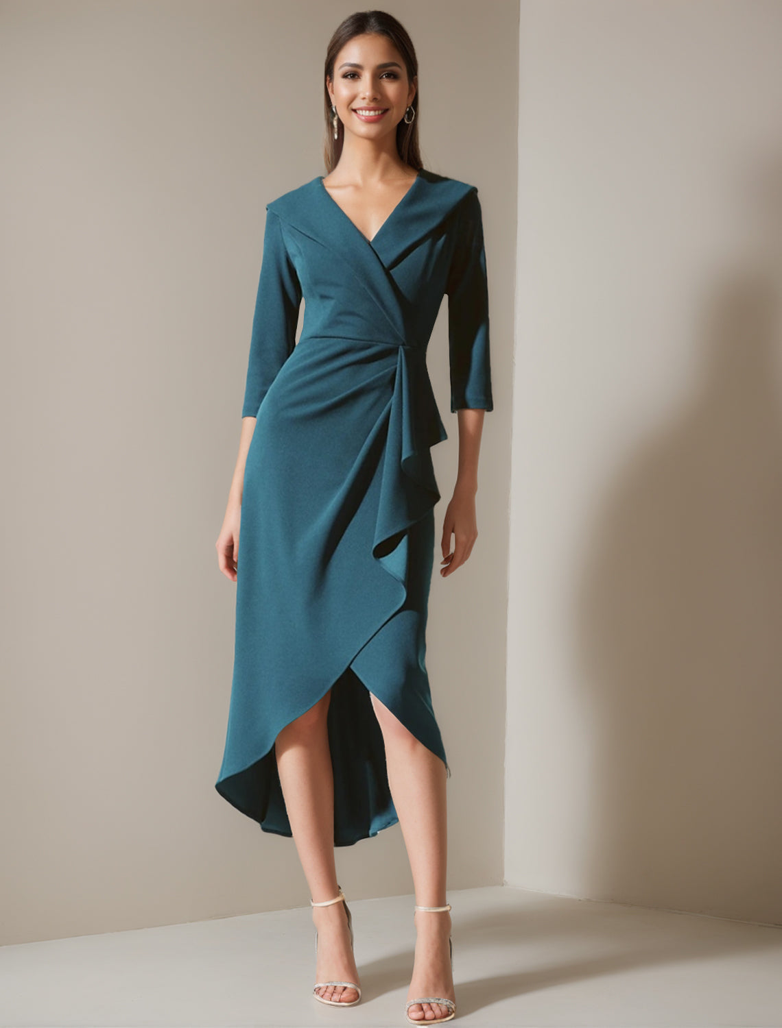 V-Neck A-Line Princess Gown with 3/4 Sleeves and Asymmetrical Ruffle for the Mother of the Bride