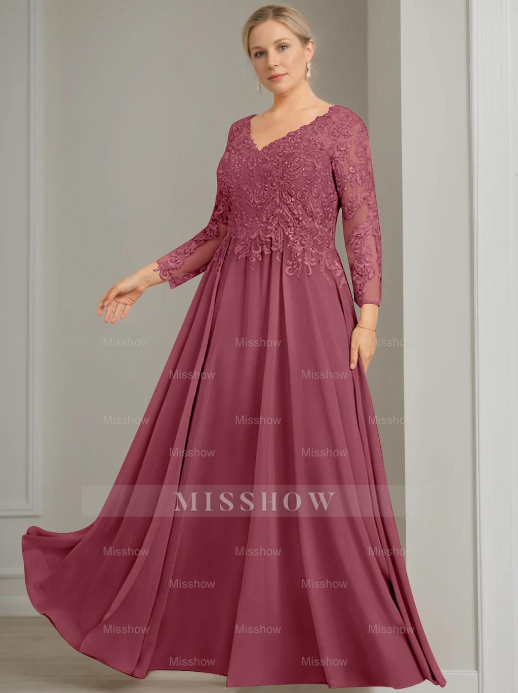 V-Neck A-Line Princess Gown with 3/4 Sleeves and Sequins for Plus-Size Mother of the Bride