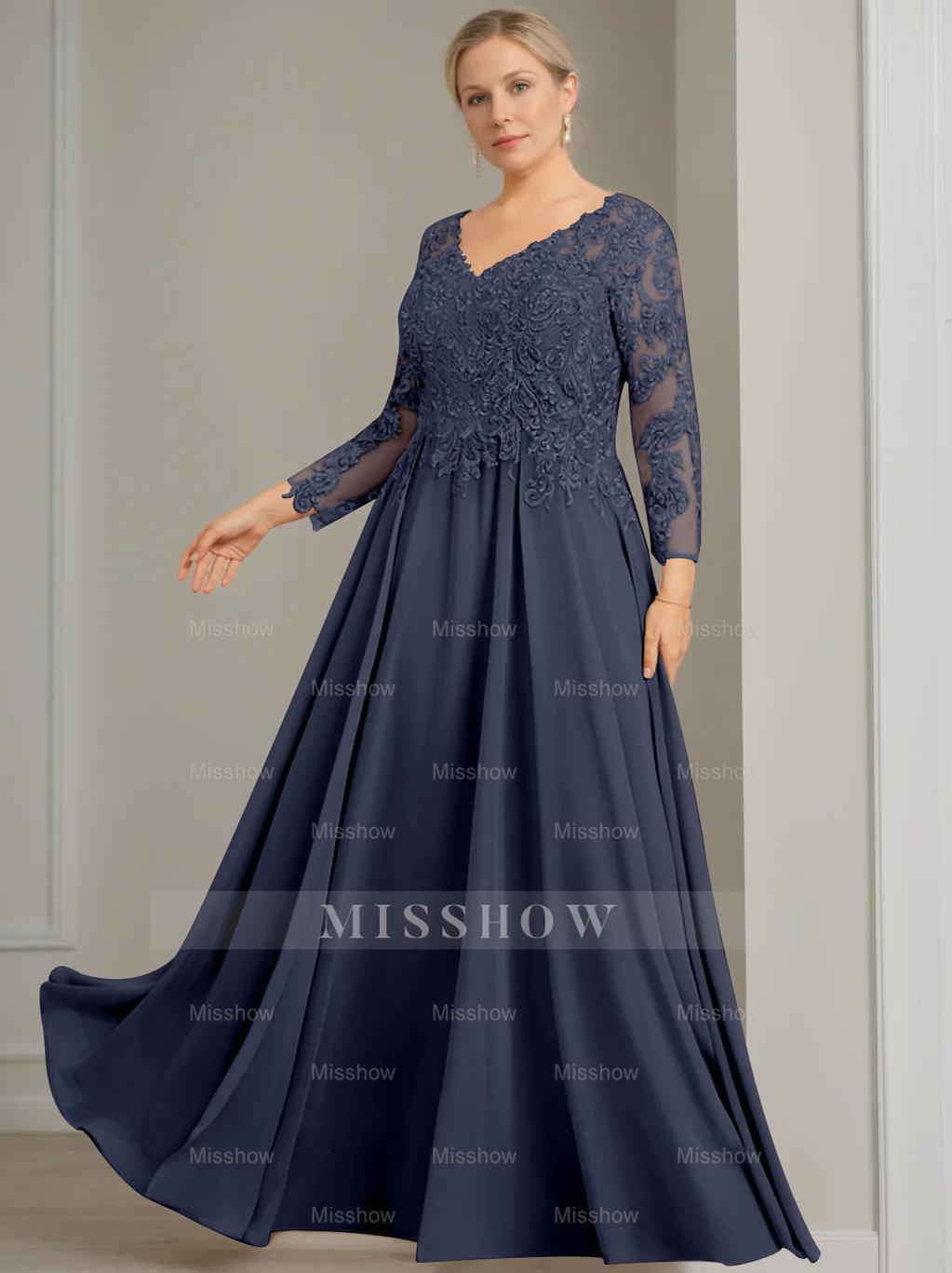 V-Neck A-Line Princess Gown with 3/4 Sleeves and Sequins for Plus-Size Mother of the Bride