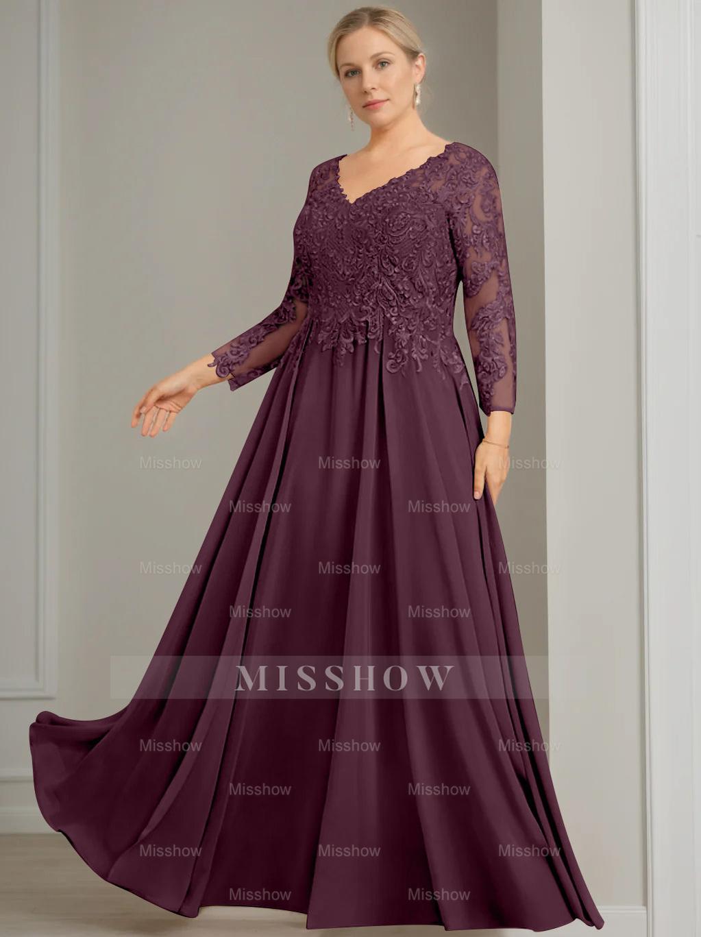 V-Neck A-Line Princess Gown with 3/4 Sleeves and Sequins for Plus-Size Mother of the Bride