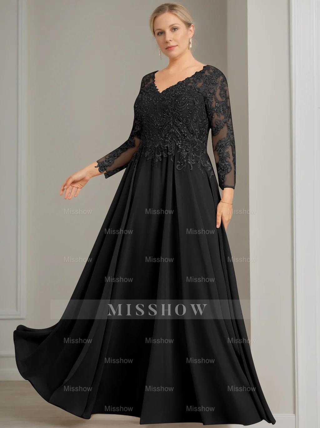 V-Neck A-Line Princess Gown with 3/4 Sleeves and Sequins for Plus-Size Mother of the Bride