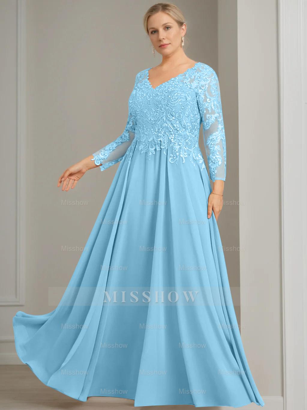 V-Neck A-Line Princess Gown with 3/4 Sleeves and Sequins for Plus-Size Mother of the Bride