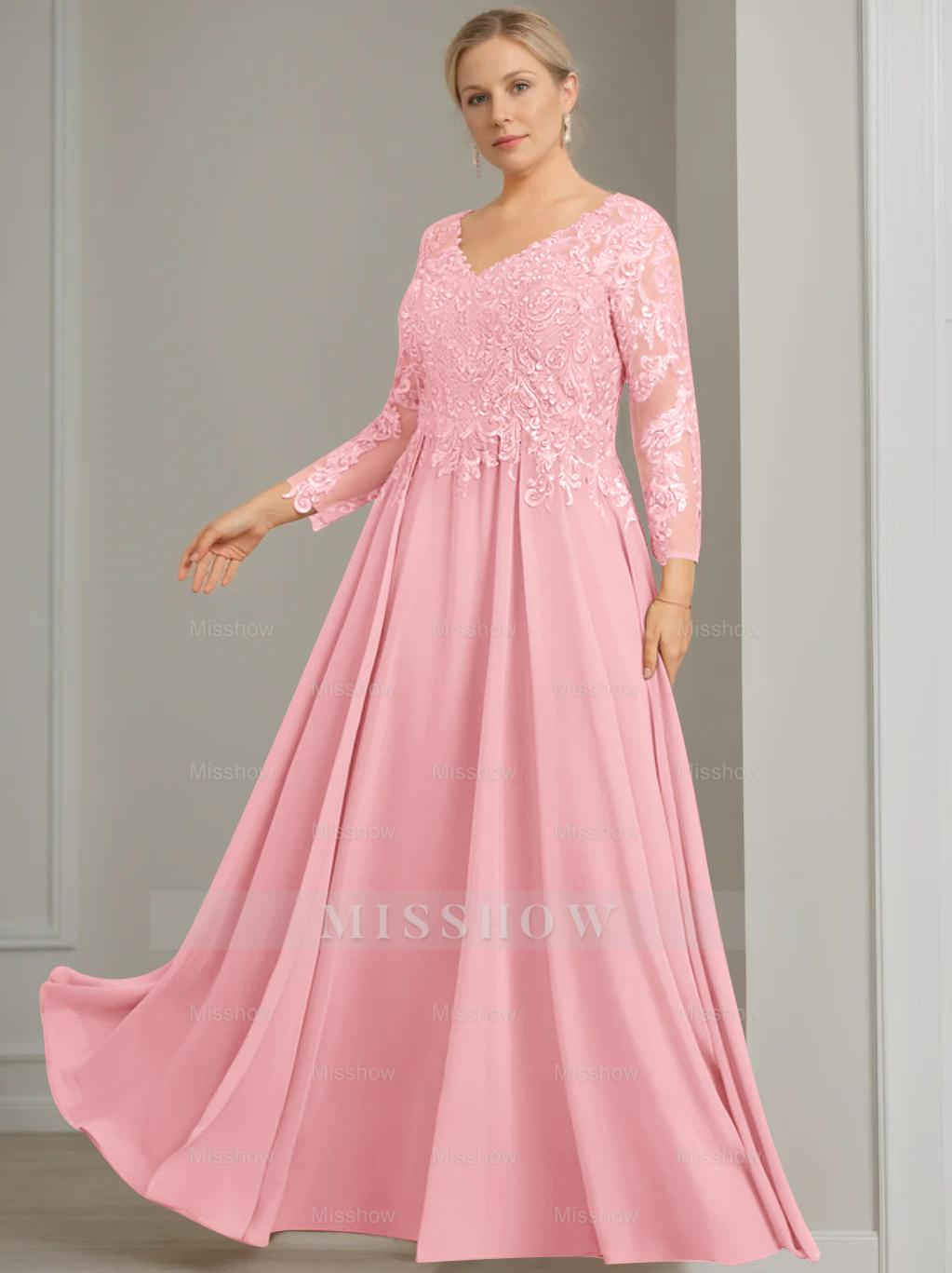 V-Neck A-Line Princess Gown with 3/4 Sleeves and Sequins for Plus-Size Mother of the Bride
