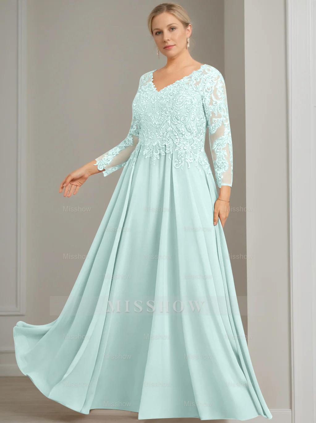 V-Neck A-Line Princess Gown with 3/4 Sleeves and Sequins for Plus-Size Mother of the Bride