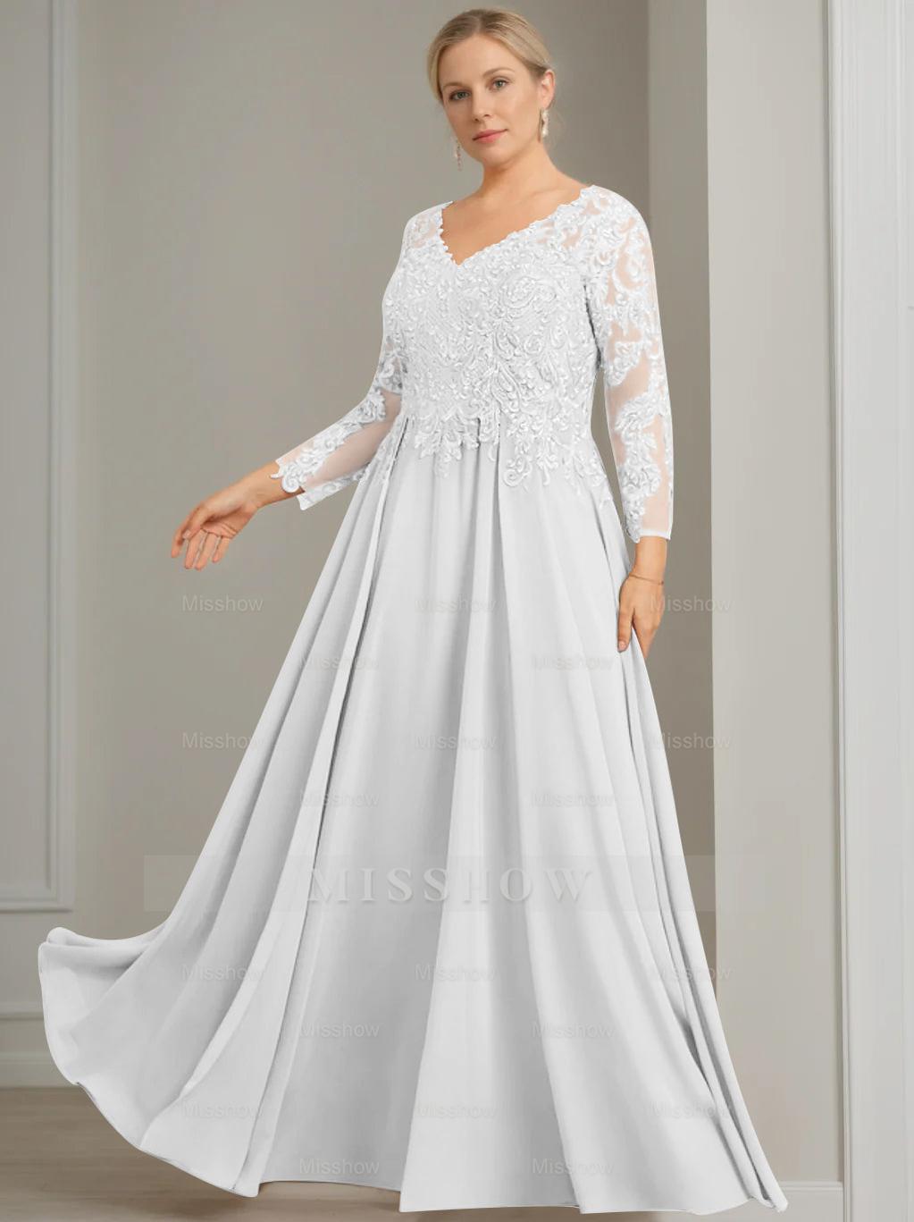 V-Neck A-Line Princess Gown with 3/4 Sleeves and Sequins for Plus-Size Mother of the Bride