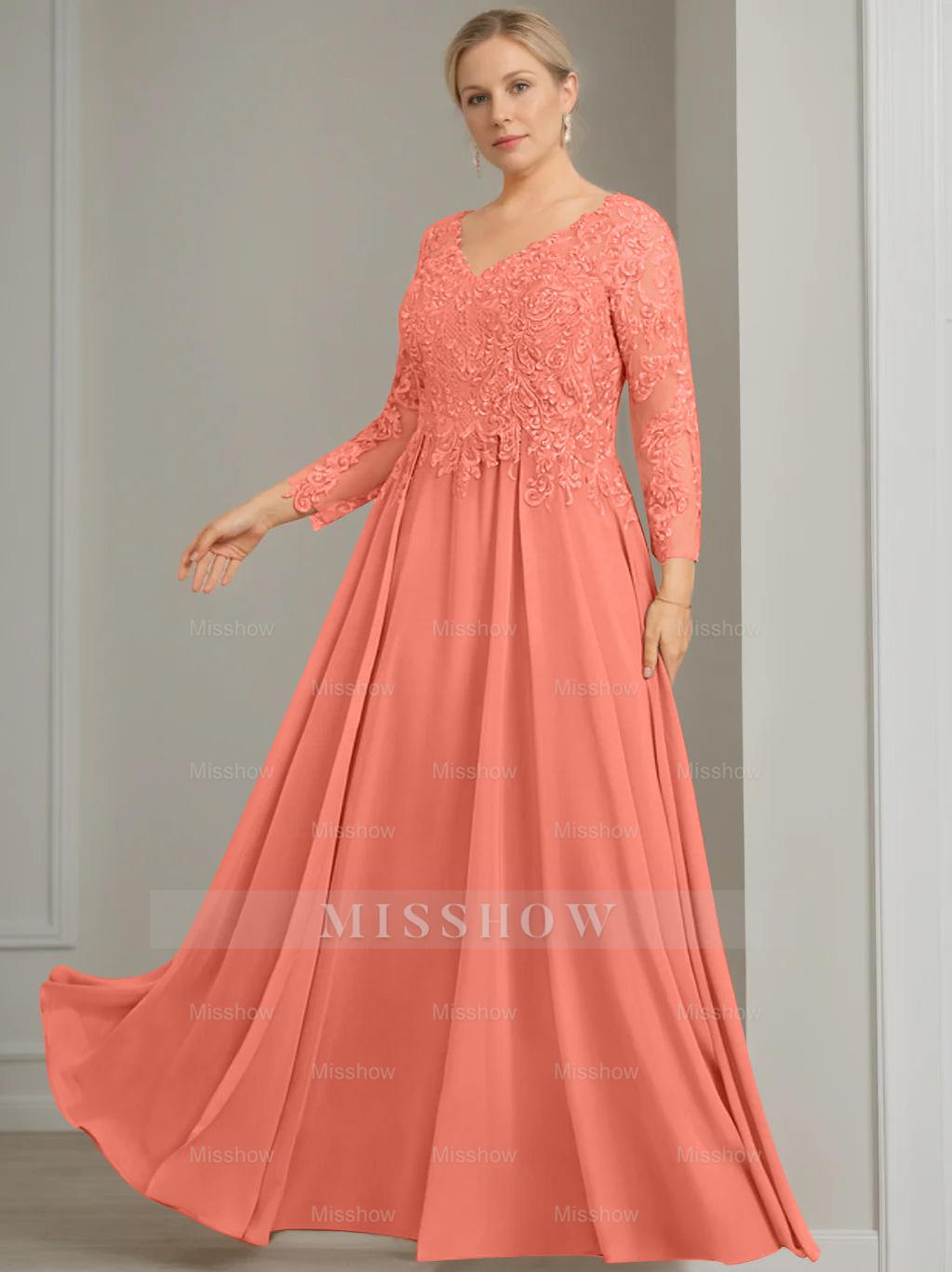V-Neck A-Line Princess Gown with 3/4 Sleeves and Sequins for Plus-Size Mother of the Bride