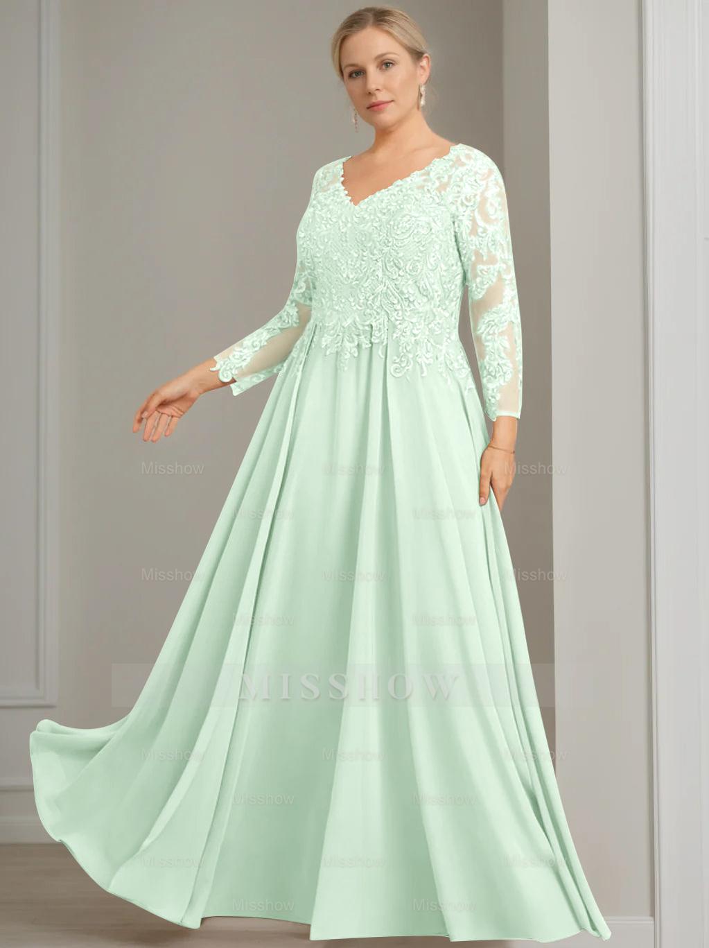 V-Neck A-Line Princess Gown with 3/4 Sleeves and Sequins for Plus-Size Mother of the Bride