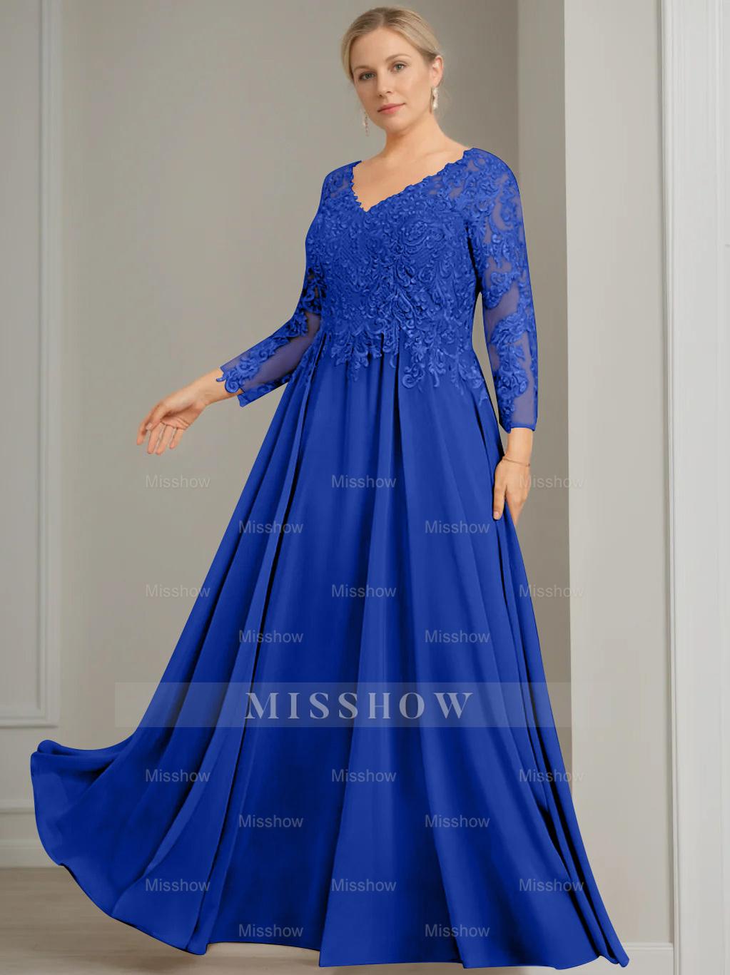V-Neck A-Line Princess Gown with 3/4 Sleeves and Sequins for Plus-Size Mother of the Bride