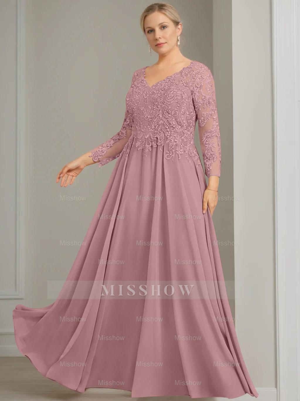V-Neck A-Line Princess Gown with 3/4 Sleeves and Sequins for Plus-Size Mother of the Bride