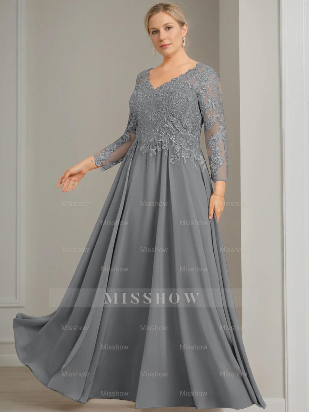 V-Neck A-Line Princess Gown with 3/4 Sleeves and Sequins for Plus-Size Mother of the Bride