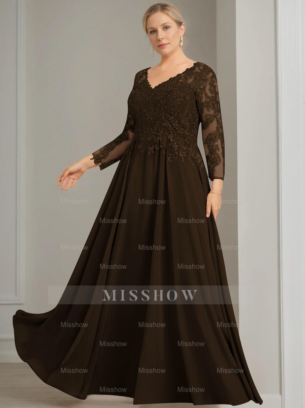 V-Neck A-Line Princess Gown with 3/4 Sleeves and Sequins for Plus-Size Mother of the Bride