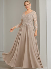 V-Neck A-Line Princess Gown with 3/4 Sleeves and Sequins for Plus-Size Mother of the Bride