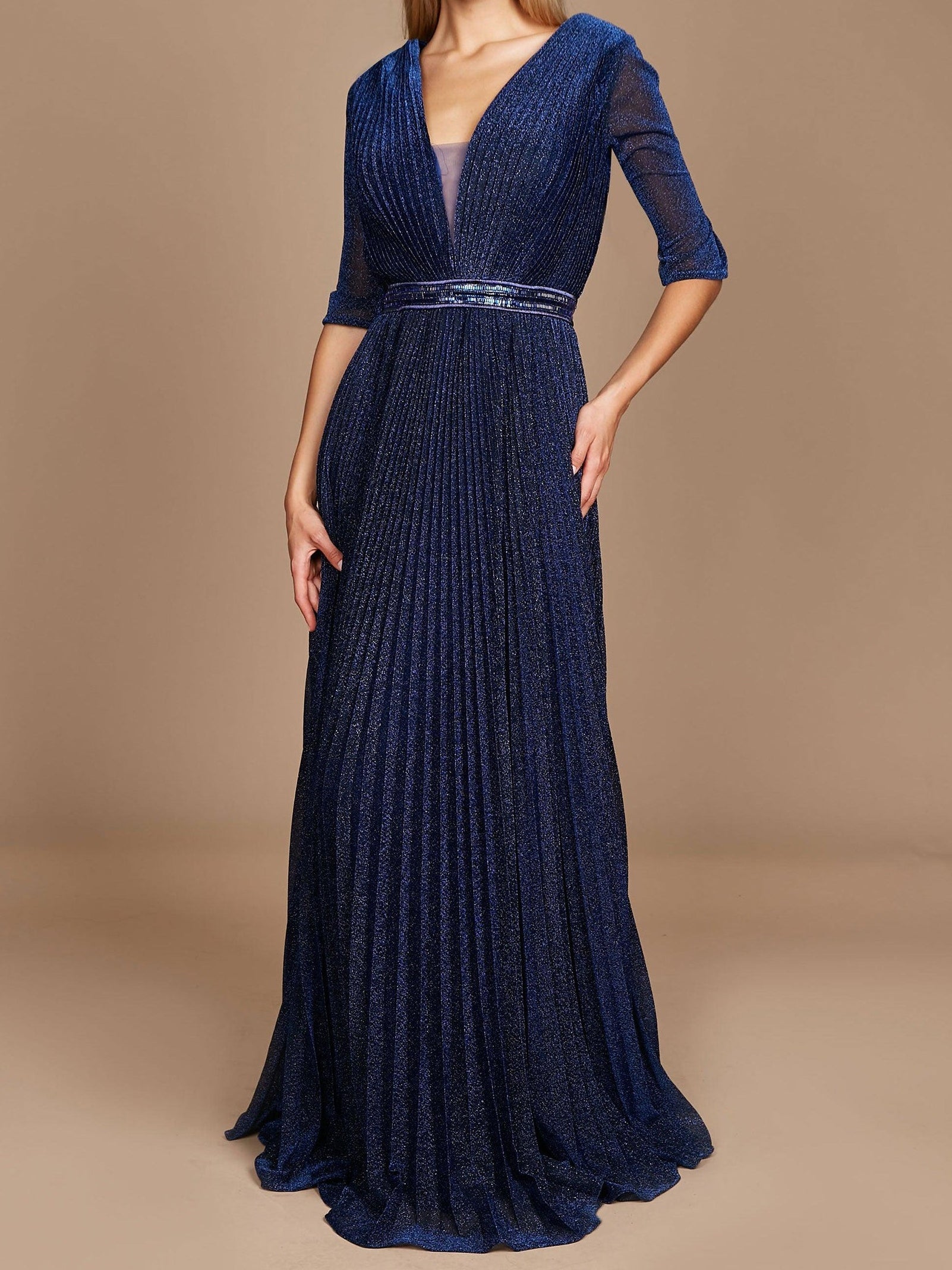 V-Neck A-Line Princess Gown with 3/4 Sleeves for the Mother of the Bride