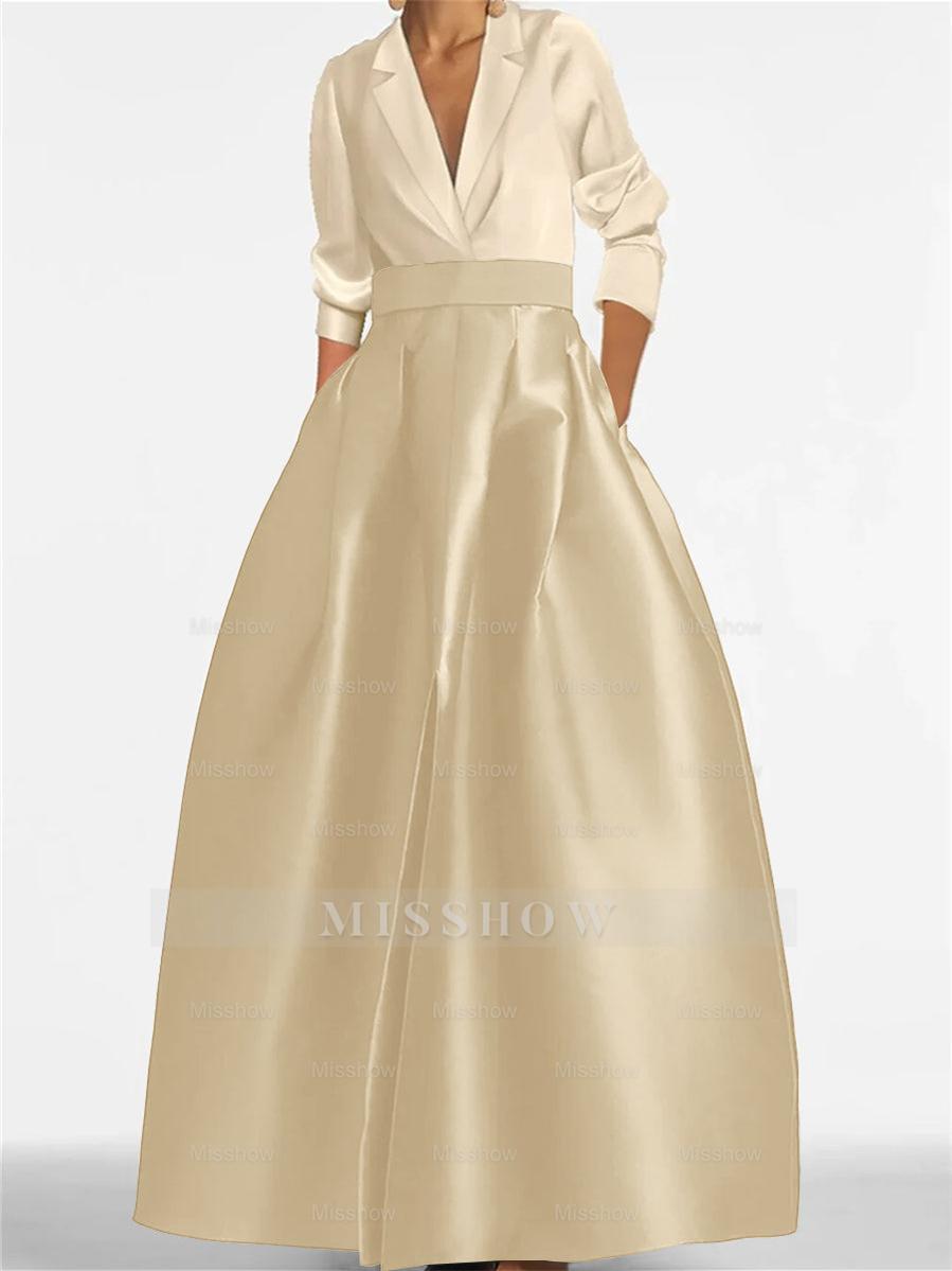 V-Neck A-Line Princess Gown with Long Sleeves and Pockets for the Mother of the Bride