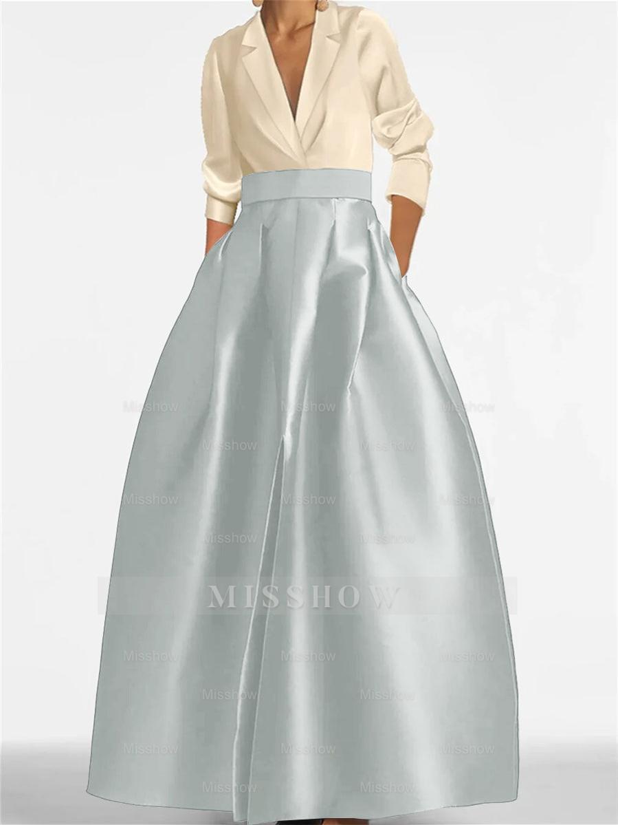 V-Neck A-Line Princess Gown with Long Sleeves and Pockets for the Mother of the Bride