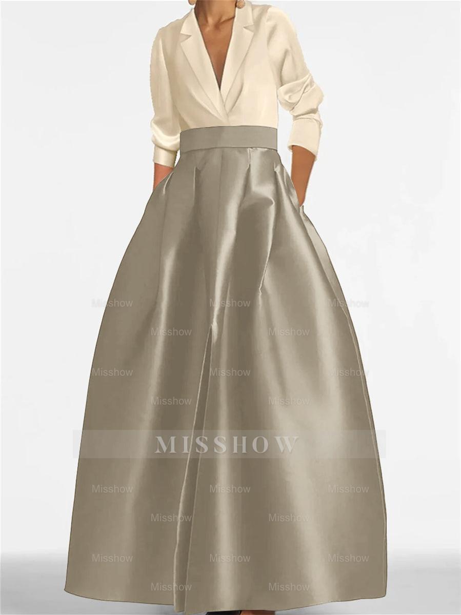 V-Neck A-Line Princess Gown with Long Sleeves and Pockets for the Mother of the Bride