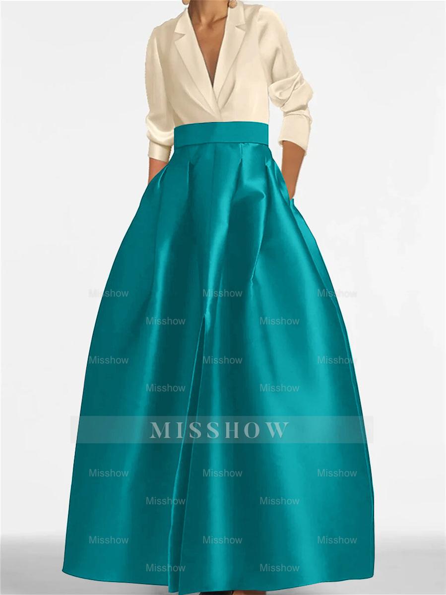 V-Neck A-Line Princess Gown with Long Sleeves and Pockets for the Mother of the Bride