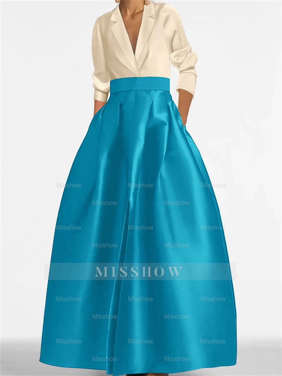 V-Neck A-Line Princess Gown with Long Sleeves and Pockets for the Mother of the Bride