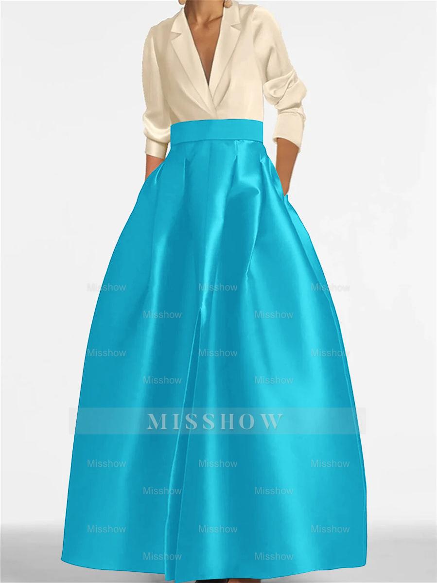 V-Neck A-Line Princess Gown with Long Sleeves and Pockets for the Mother of the Bride