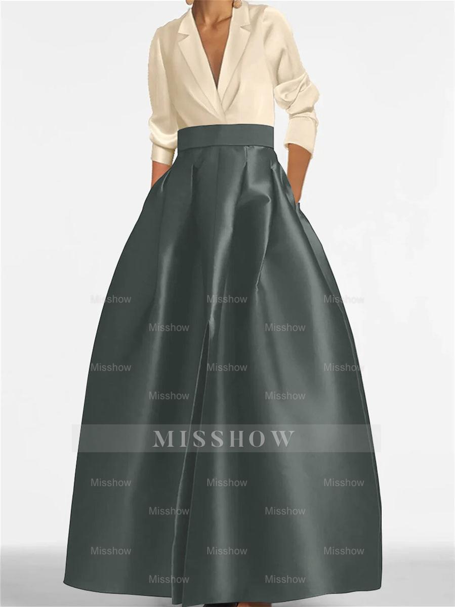 V-Neck A-Line Princess Gown with Long Sleeves and Pockets for the Mother of the Bride