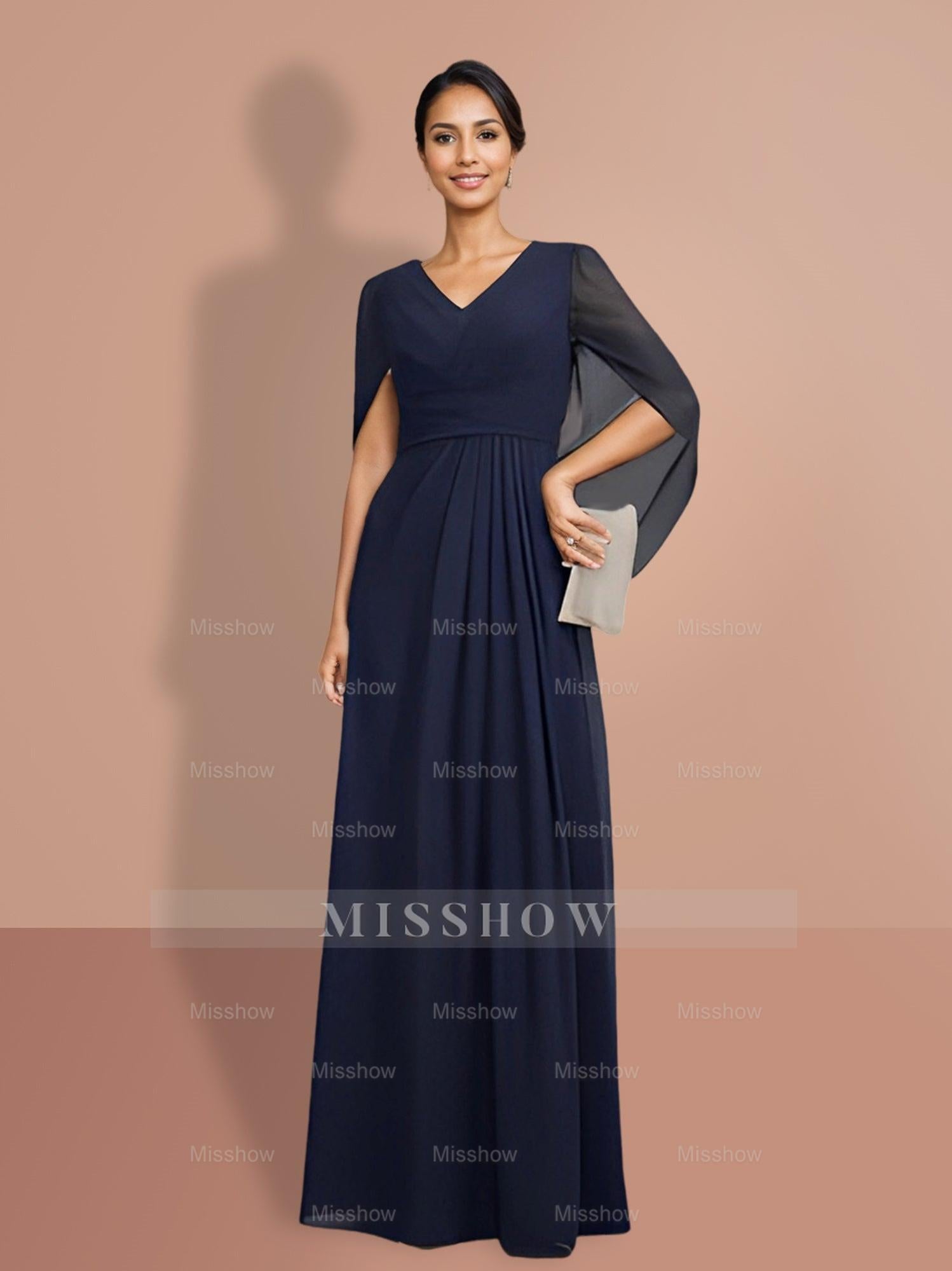 V-Neck A-Line Princess Mother of the Bride Dress with Half Sleeves