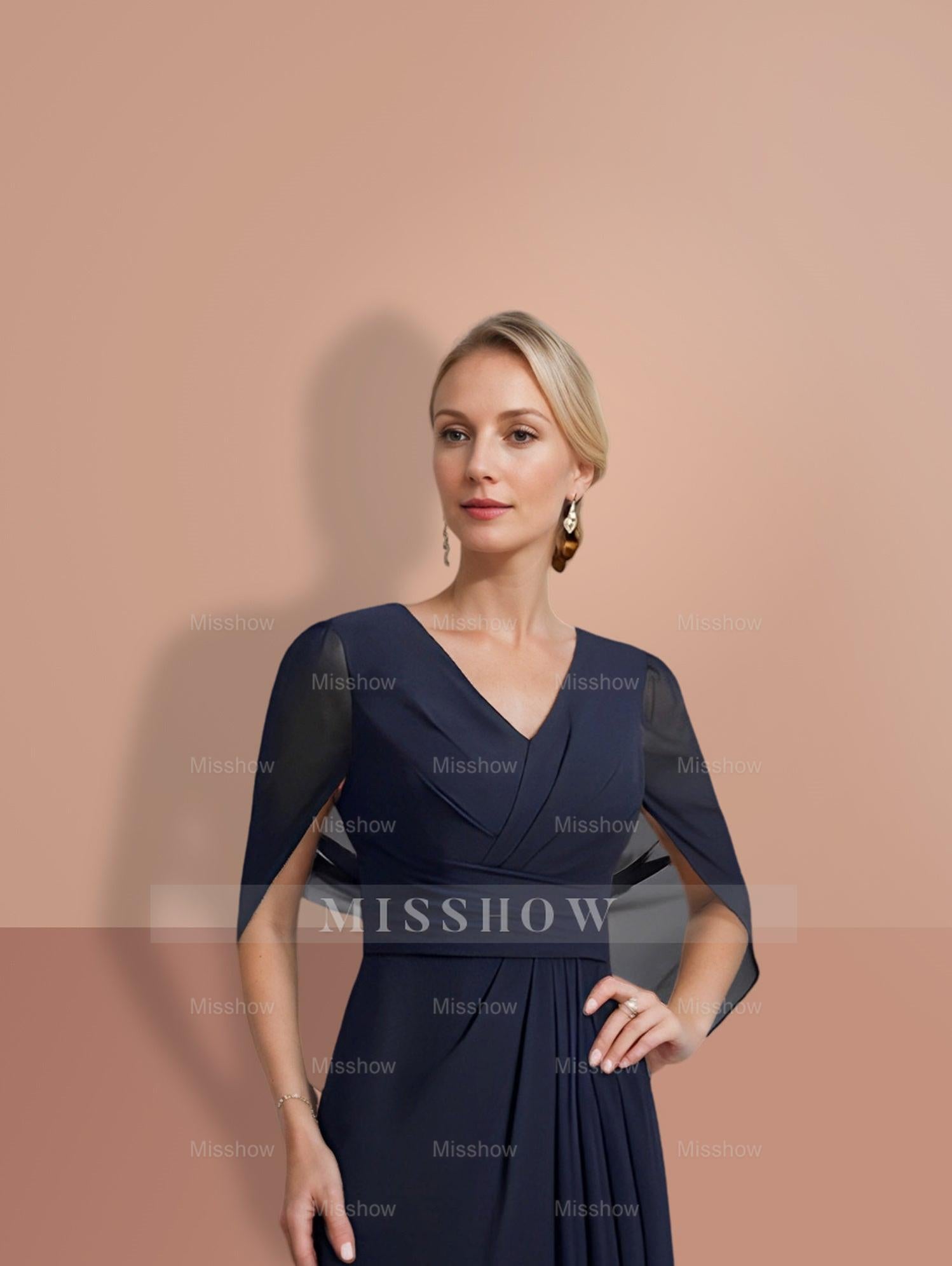 V-Neck A-Line Princess Mother of the Bride Dress with Half Sleeves