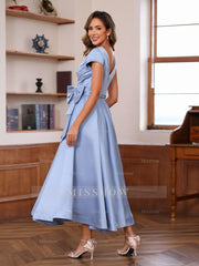 V-Neck A-Line Princess Short Sleeve Ankle-Length Mother of the Bride Dress With Pockets and Ruffles