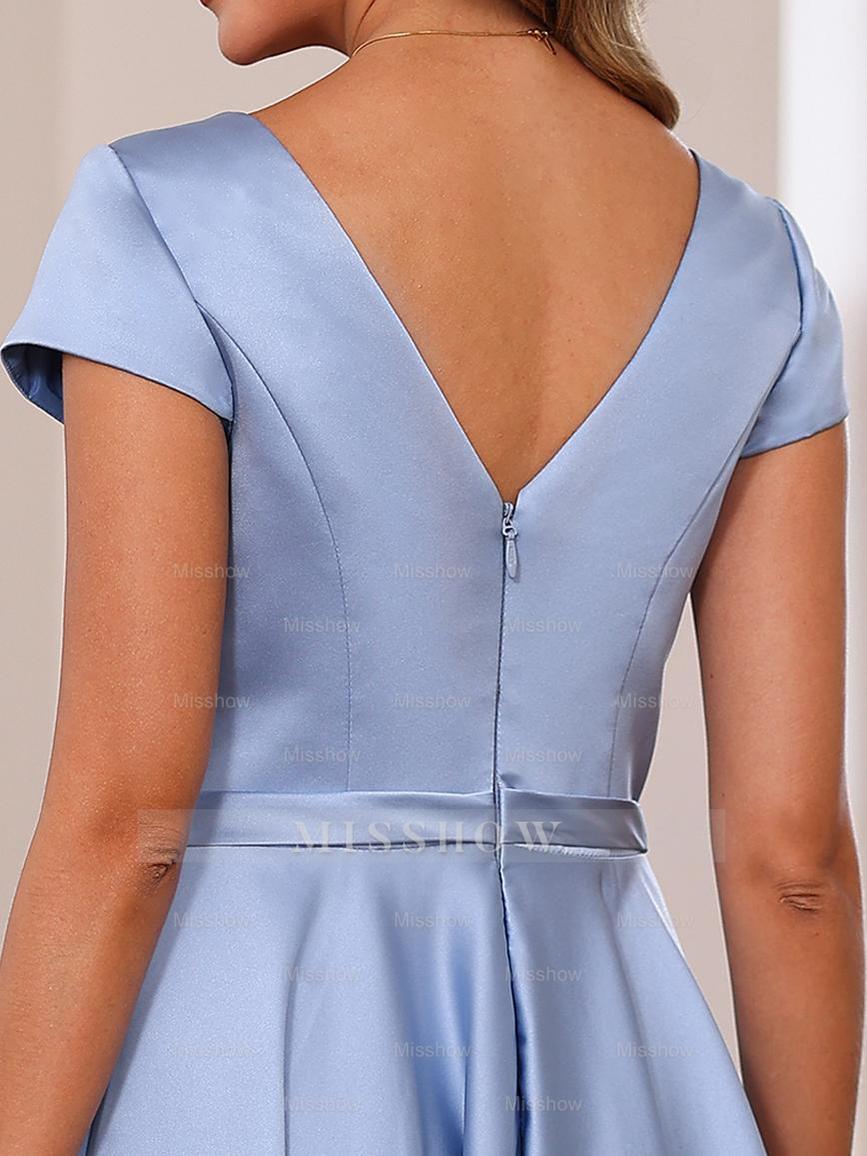 V-Neck A-Line Princess Short Sleeve Ankle-Length Mother of the Bride Dress With Pockets and Ruffles