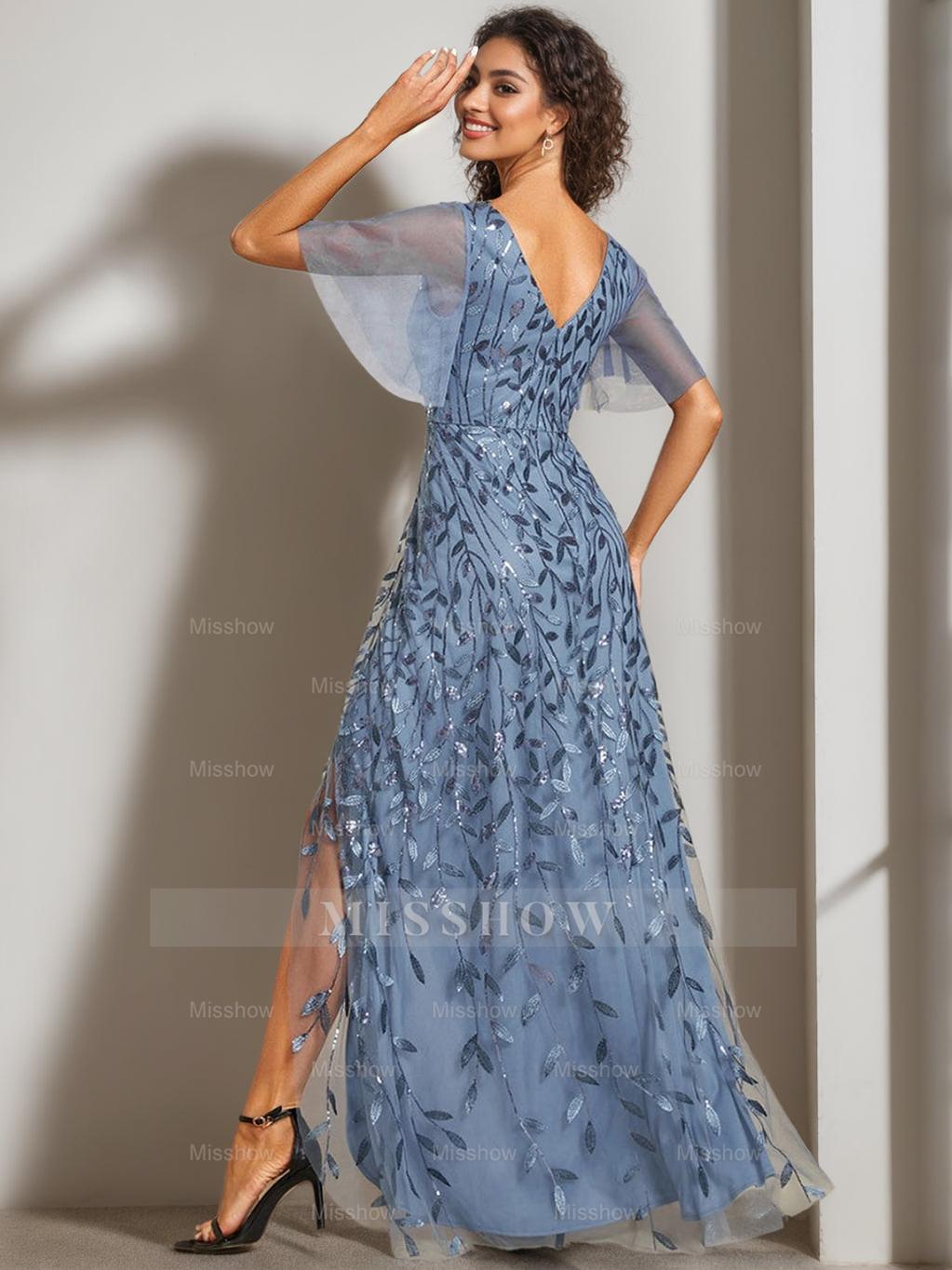 V-Neck A-Line Princess Short Sleeve Asymmetrical Mother of the Bride Dress with Sequins