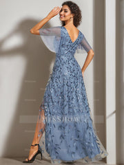 V-Neck A-Line Princess Short Sleeve Asymmetrical Mother of the Bride Dress with Sequins