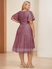 V-Neck A-Line Princess Short Sleeve Asymmetrical Plus Size Mother of the Bride Dress with Sequins and Ruffles