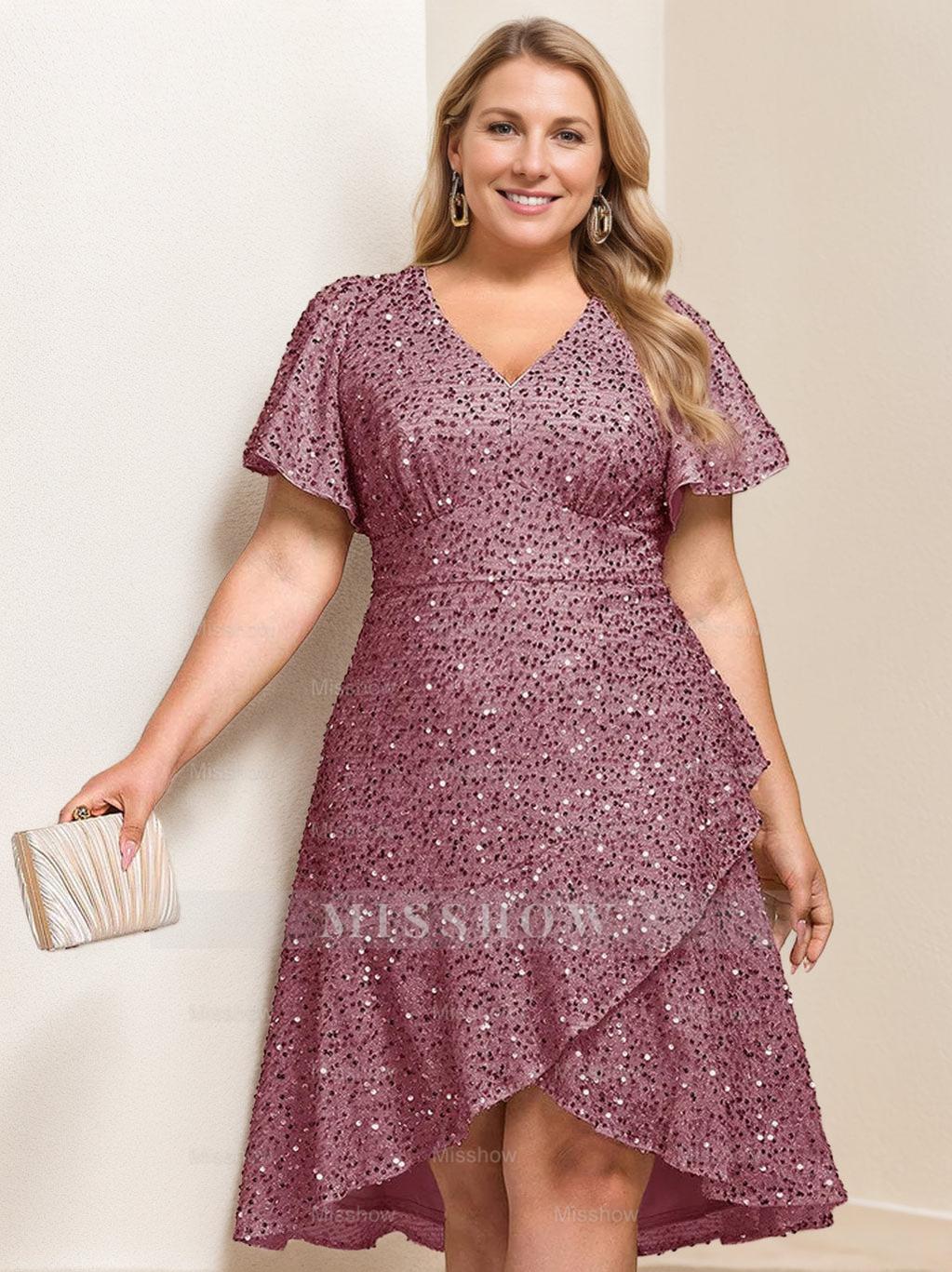 V-Neck A-Line Princess Short Sleeve Asymmetrical Plus Size Mother of the Bride Dress with Sequins and Ruffles