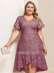 V-Neck A-Line Princess Short Sleeve Asymmetrical Plus Size Mother of the Bride Dress with Sequins and Ruffles