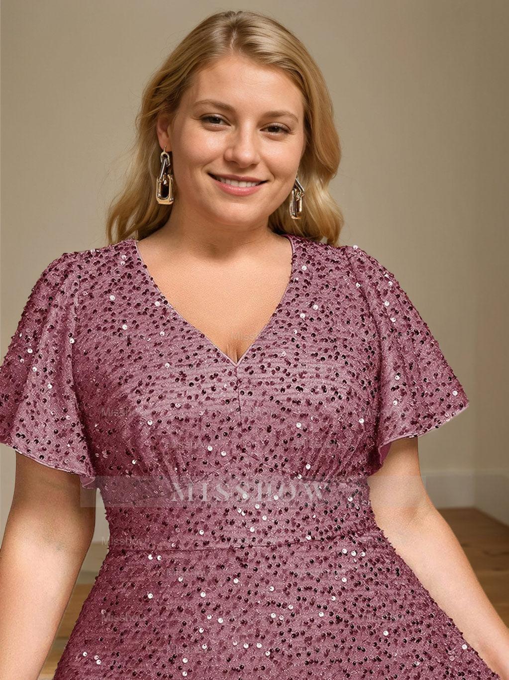 V-Neck A-Line Princess Short Sleeve Asymmetrical Plus Size Mother of the Bride Dress with Sequins and Ruffles