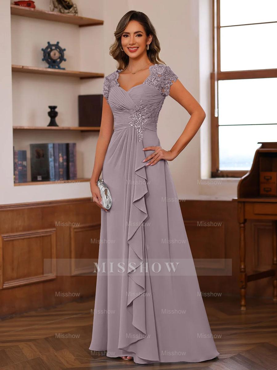 V-Neck A-Line Princess Short Sleeve Dress with Pleats Ruffles & Appliques for Mother of the Bride & Groom