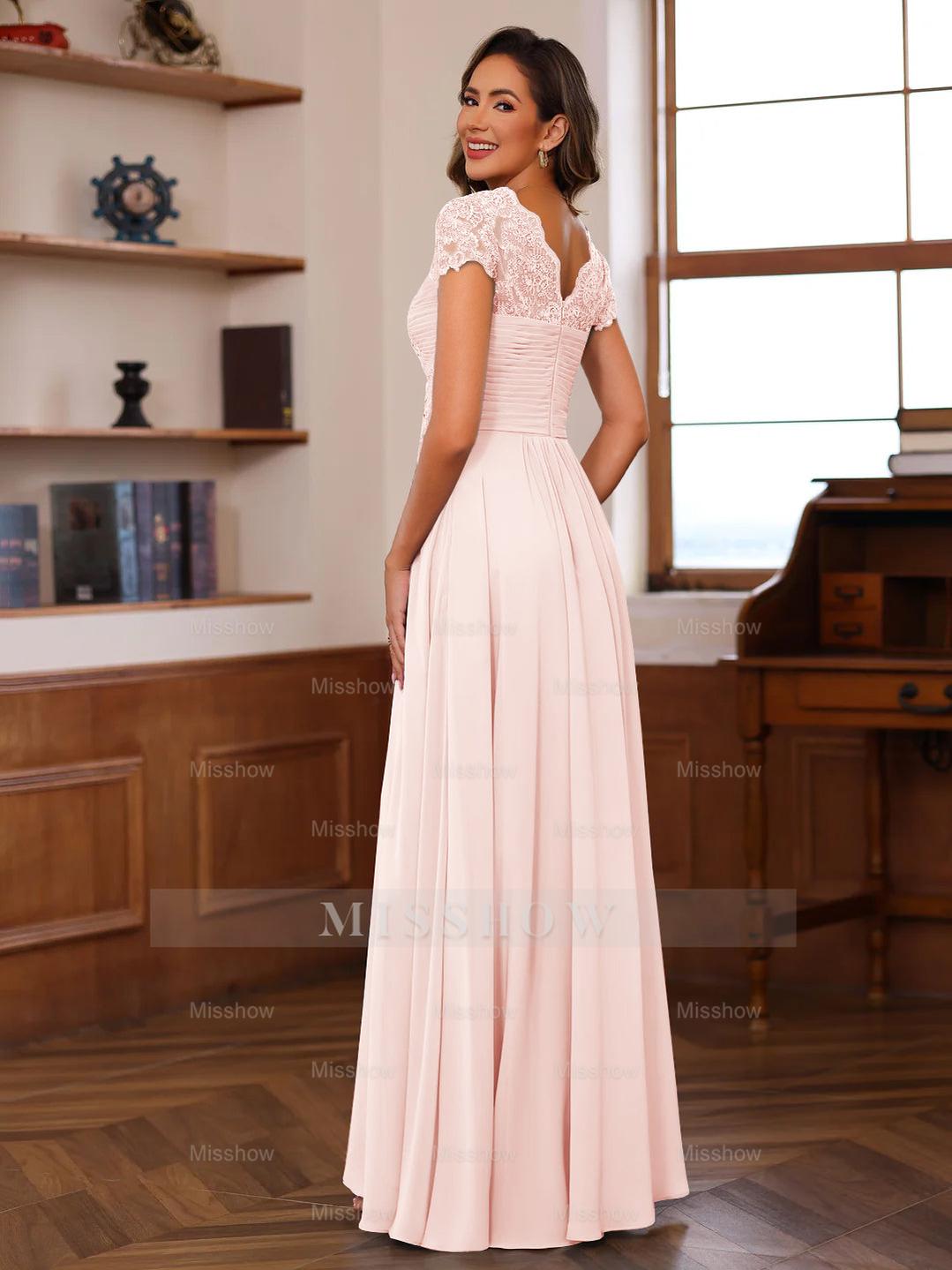 V-Neck A-Line Princess Short Sleeve Dress with Pleats Ruffles & Appliques for Mother of the Bride & Groom