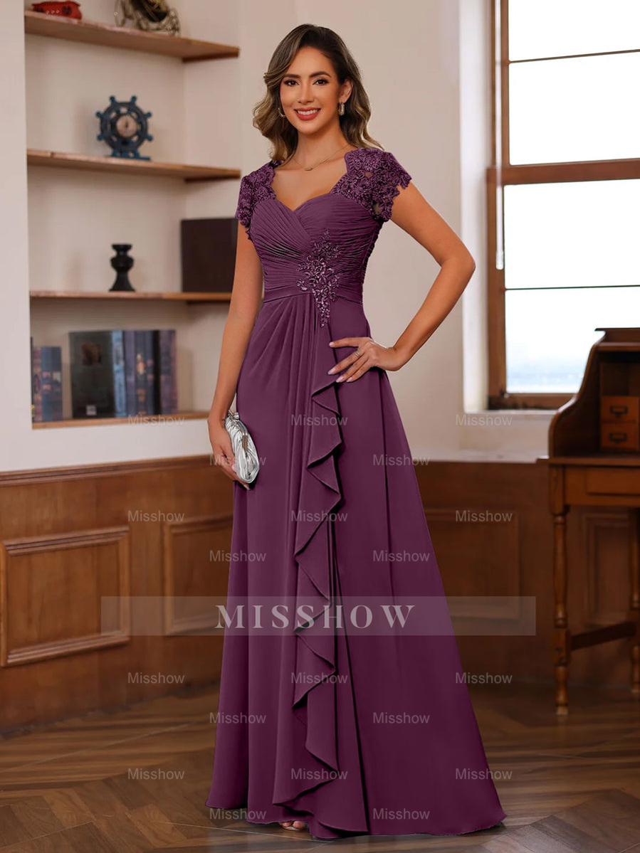 V-Neck A-Line Princess Short Sleeve Dress with Pleats Ruffles & Appliques for Mother of the Bride & Groom