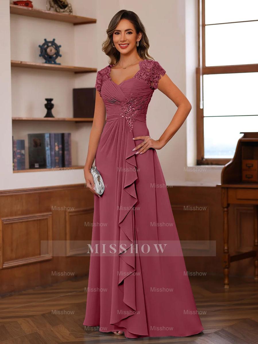 V-Neck A-Line Princess Short Sleeve Dress with Pleats Ruffles & Appliques for Mother of the Bride & Groom