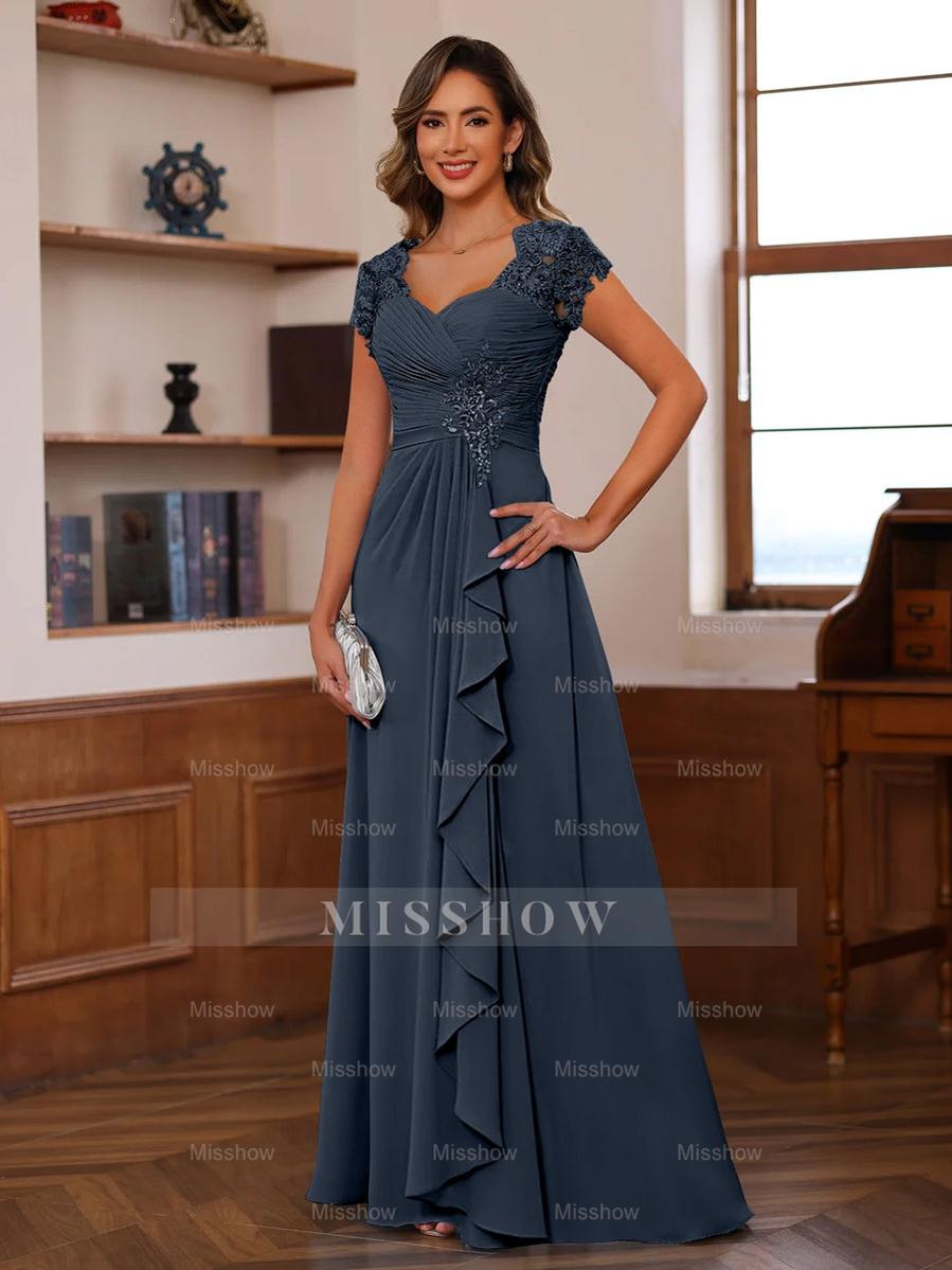V-Neck A-Line Princess Short Sleeve Dress with Pleats Ruffles & Appliques for Mother of the Bride & Groom