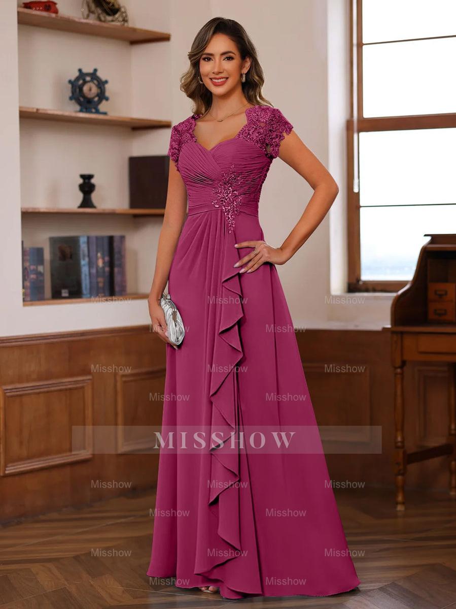 V-Neck A-Line Princess Short Sleeve Dress with Pleats Ruffles & Appliques for Mother of the Bride & Groom