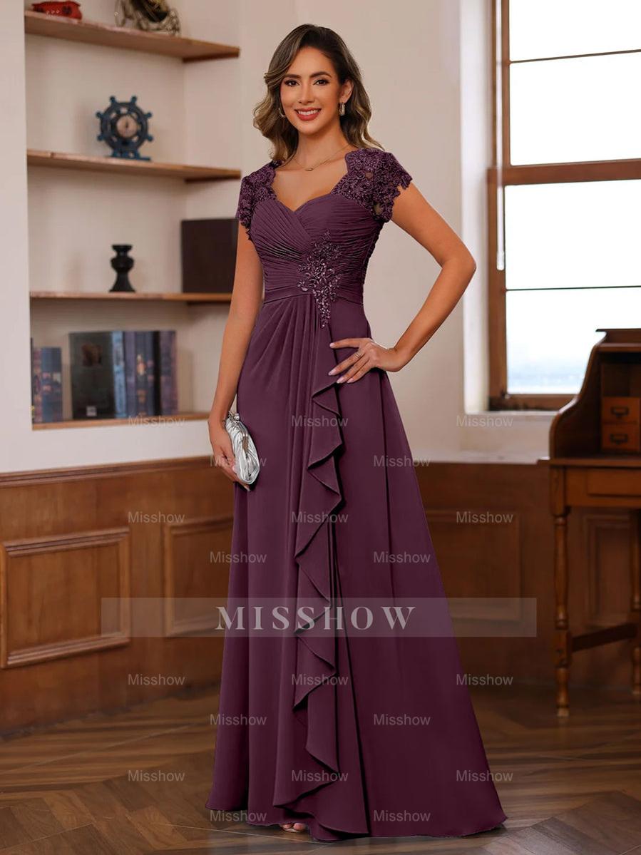 V-Neck A-Line Princess Short Sleeve Dress with Pleats Ruffles & Appliques for Mother of the Bride & Groom