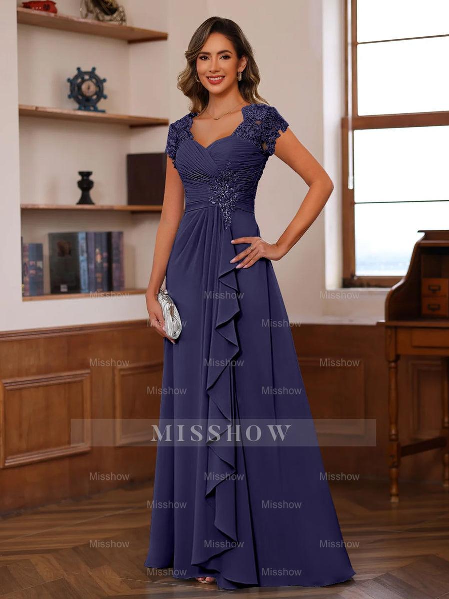 V-Neck A-Line Princess Short Sleeve Dress with Pleats Ruffles & Appliques for Mother of the Bride & Groom