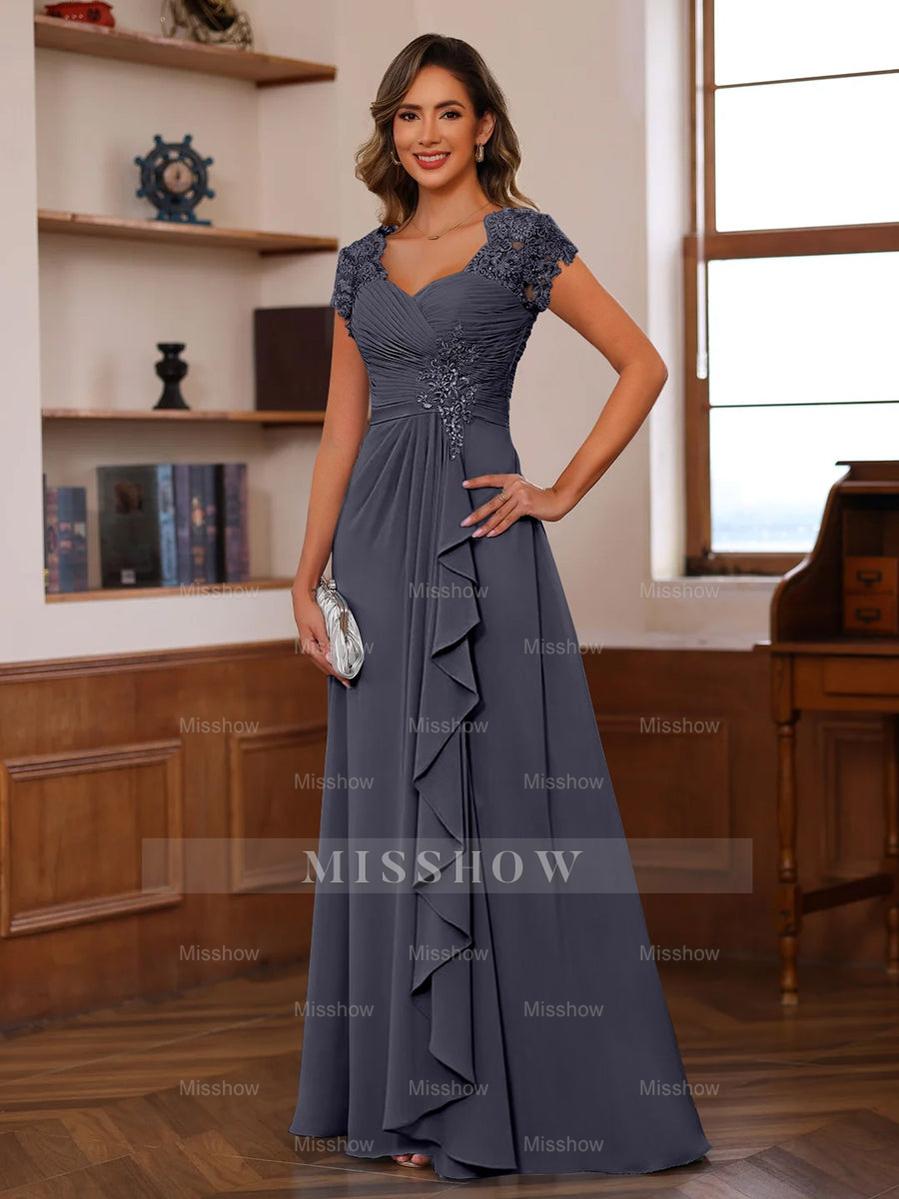 V-Neck A-Line Princess Short Sleeve Dress with Pleats Ruffles & Appliques for Mother of the Bride & Groom