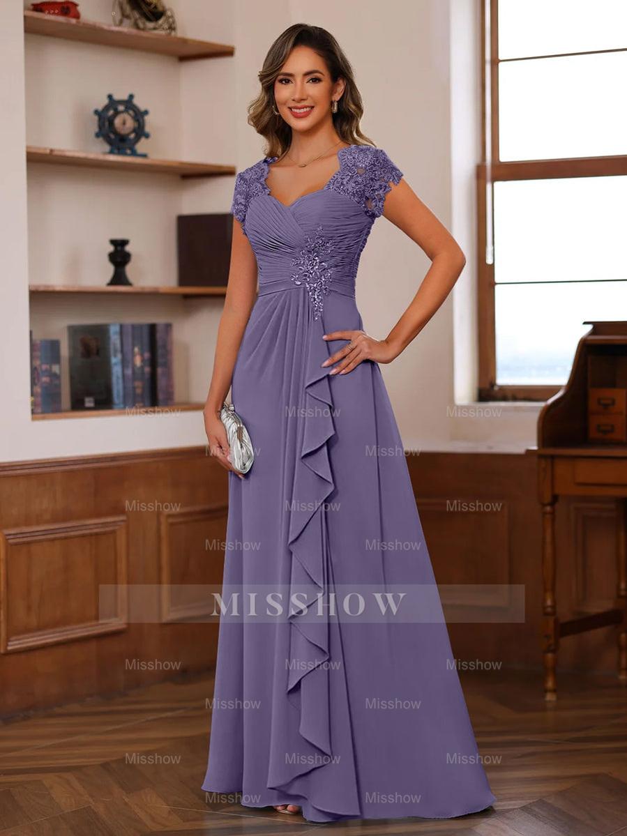 V-Neck A-Line Princess Short Sleeve Dress with Pleats Ruffles & Appliques for Mother of the Bride & Groom