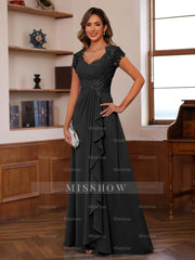 V-Neck A-Line Princess Short Sleeve Dress with Pleats Ruffles & Appliques for Mother of the Bride & Groom