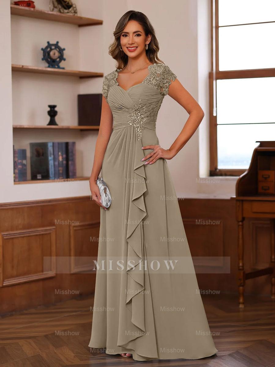 V-Neck A-Line Princess Short Sleeve Dress with Pleats Ruffles & Appliques for Mother of the Bride & Groom