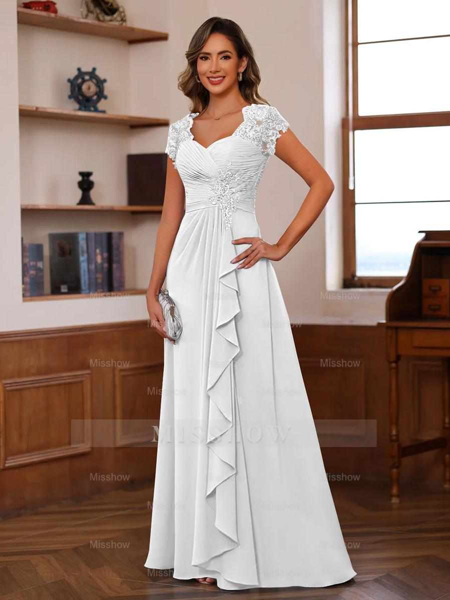 V-Neck A-Line Princess Short Sleeve Dress with Pleats Ruffles & Appliques for Mother of the Bride & Groom